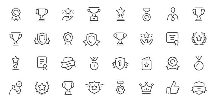 Award and achievement line icons set with trophy, medal and recognition symbols