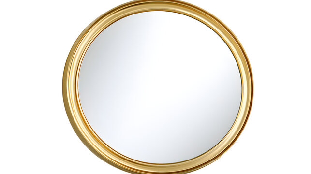 Round gold mirror, contemporary interior design element for reflecting light and adding elegance, white background