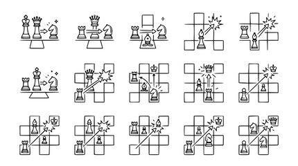 Hand-drawn Chess Game Strategy Icons Set: Tactics, Attack, Defense, Move, Victory © Gereh