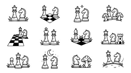 Chess Pieces Set: King, Queen, Knight, Rook, Bishop, Pawn - Outline Icons © Gereh