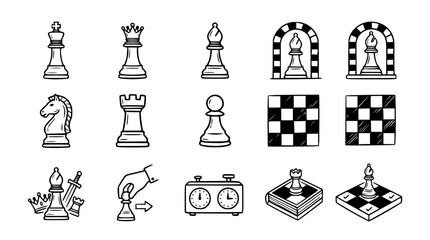 Chess Game Icons Set: King, Queen, Bishop, Knight, Rook, Pawn, Board, Clock © Gereh