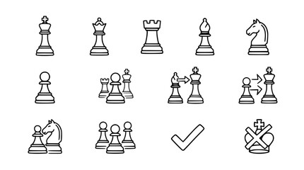 Chess Pieces Icon Set: King, Queen, Rook, Bishop, Knight, Pawn, Checkmate, Strategy © Gereh