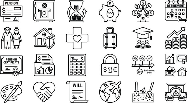 Retirement Planning and Financial Security Icon Collection with Pension Savings, Insurance Protection, Investment Growth and Future Wealth Management Outline Vector Set