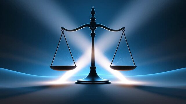 Scale of justice symbolizing law equality and legal balance on an illuminated dark blue background