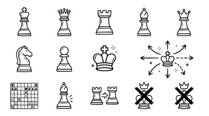 Chess Game Icons: King, Queen, Rook, Bishop, Knight, Pawn, Board, Strategy © Gereh