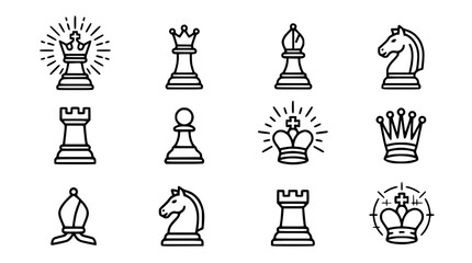 Chess Pieces Set: King, Queen, Rook, Bishop, Knight, Pawn - Linear Icons © Gereh