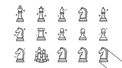 Chess Pieces Set - King, Queen, Rook, Knight, Bishop, Pawn Icons   Line Art © Gereh