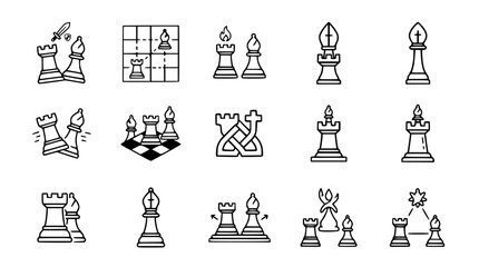 Chess Game Icons Set: Rook, Bishop, Strategy, Board, Tactics, Silhouette, Vector © Gereh