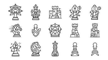 Abstract Chess Pieces Set, Geometric King, Queen, Rook, Bishop, Knight, Pawn Icons © Gereh