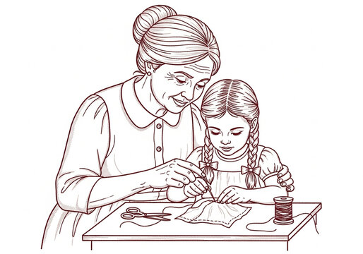 Grandmother teaching little girl the art of sewing at a table