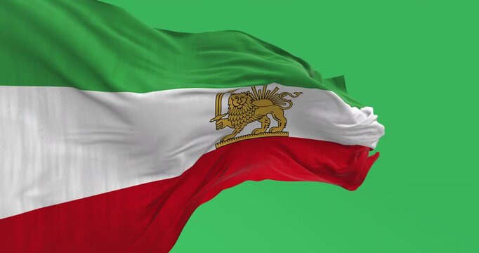 Iran Pahlavi era Lion and Sun flag waving isolated on green background