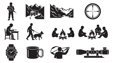Military Icons Grid Featuring Soldier, Target Scope, Mountains, Campfire, Weapons, Truck, and Tactical Gear Silhouettes © Farjana