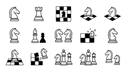 Chess Icons Set: Knight, Rook, King, Queen, Bishop, Pawn, Board - Vector Graphics © Gereh