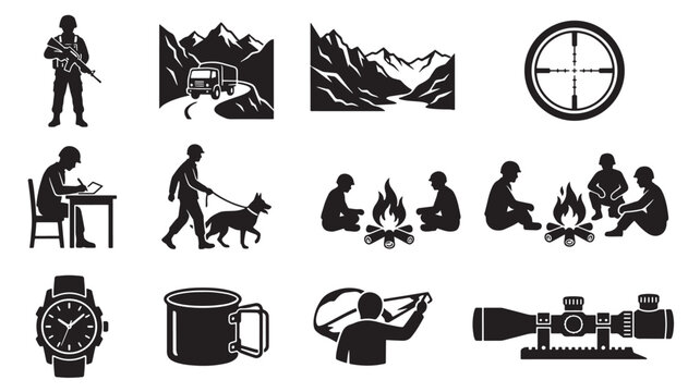 Military Icons Grid Featuring Soldier, Target Scope, Mountains, Campfire, Weapons, Truck, and Tactical Gear Silhouettes