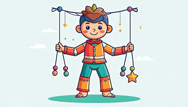 Cartoon boy holding colorful puppets strings.
