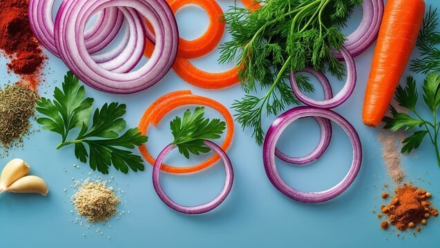 Freshly sliced red onions, carrots, garlic, and herbs arranged on a blue background with various spices, showcasing vibrant colors and textures for culinary use