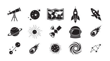 Space Exploration Icons Set with Rockets, Planets, Stars, Astronauts, and Astronomy Symbols in Black Vector Style © RASHIDAPARVIN