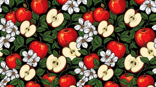 Apples and white flowers on green leaves seamless pattern