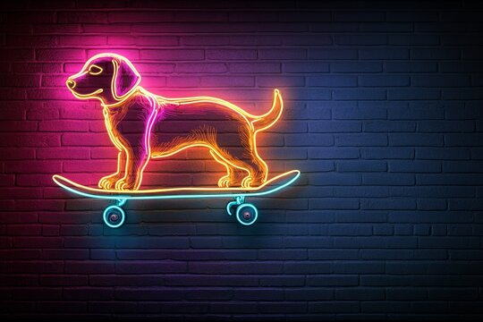 Neon dog on skateboard against brick wall