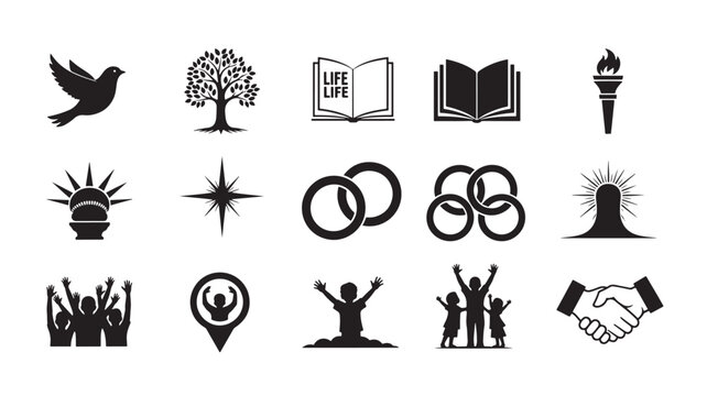Silhouette Icon Set with Bird Tree Book Life Ring Flower and Handshake Designs for Logo Branding Featuring Flame Torch, Rings Symbol, Compass
