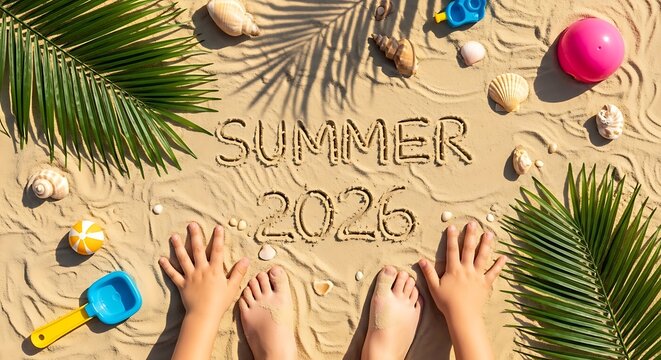 Summer 2026 text written in sand with child hands and feet on beach