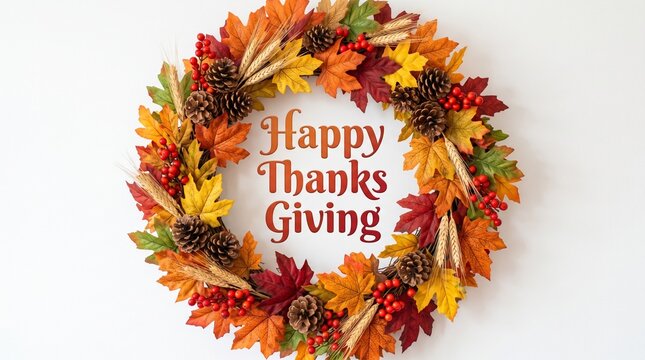 A beautiful festive Thanksgiving wreath featuring autumn maple leaves, pine cones, wheat stalks, and red berries, centered with Happy Thanksgiving text.