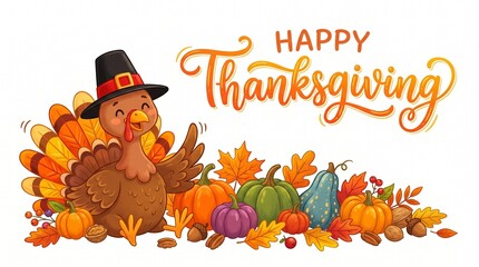 Naklejka premium A festive Thanksgiving illustration featuring a cheerful cartoon turkey in a pilgrim hat surrounded by colorful pumpkins, gourds, and autumn leaves.