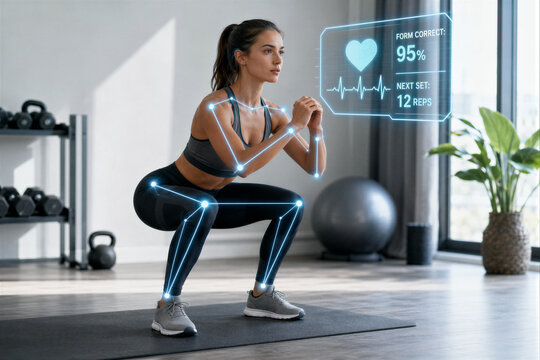 Woman Performing Squat Exercise with AI Form Tracking and Real Time Fitness Analytics