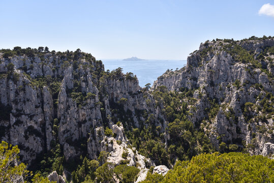 Hiking Amid French Riviera Mountains Along the Trail to Calanque d&rsquo;En-Vau During Summer in France