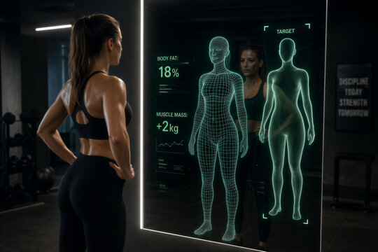Woman Viewing Digital Body Scan Interface for Personalized Fitness Analysis with Copy Space