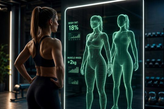 Female Athlete Using AI Body Scan Technology for Fitness Progress Tracking with Copy Space
