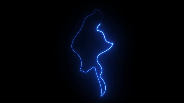 Neon blue outline of Myanmar map glowing on black background.