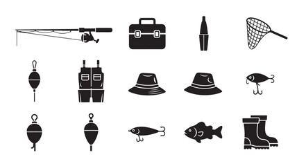 Fishing Gear Icons Set with Net, Hooks, Lures, Tackle Box, and Boots in Clean Black Silhouette Grid Style © Moinul