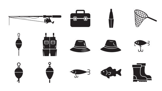 Fishing Gear Icons Set with Net, Hooks, Lures, Tackle Box, and Boots in Clean Black Silhouette Grid Style