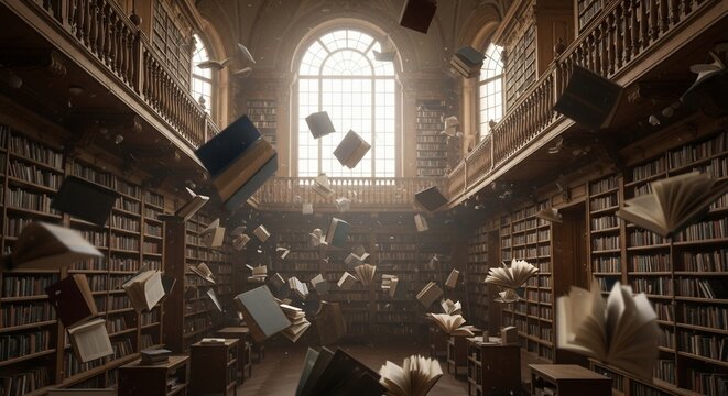 Flying books library interior
