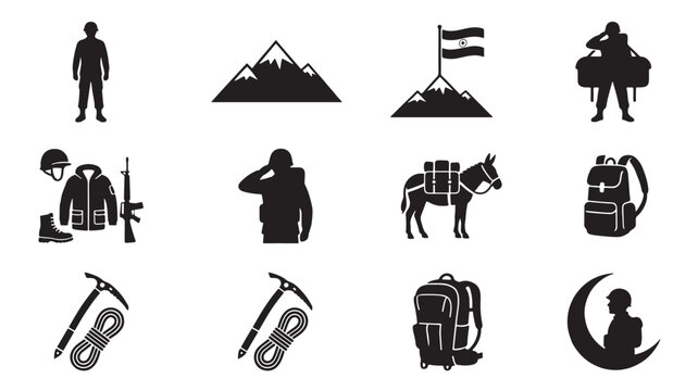 Silhouette Icons Grid Featuring Soldier, Flag, Soldier with Rifle, Mountains, Horse, Backpack and Trumpet Symbols