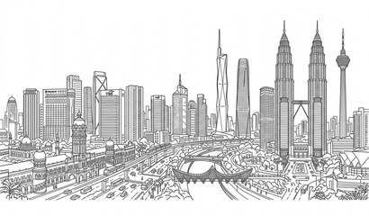 Fototapeta premium Kuala Lumpur City Skyline Black and White Outline Banner Vector Design