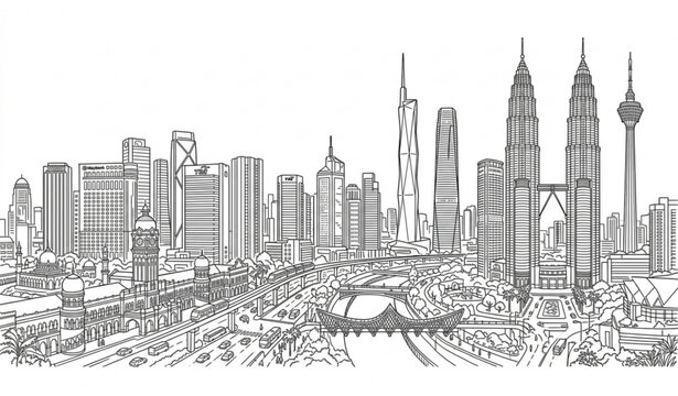 Kuala Lumpur City Skyline Black and White Outline Banner Vector Design