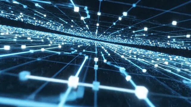 Abstract Glowing Cyber Grid Lines Connecting Dots In A Futuristic Digital Network Concept For Information Technology