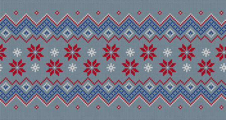 Obraz premium Christmas seamless texture. Blue geometric background with snowflakes. Traditional knitted sweater pattern. Xmas winter knit seamless print. Holiday wool pullover ornament. Festive crochet. Vector ill