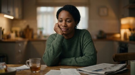 Fototapeta premium Thoughtful Black Woman Sitting at Kitchen Table with Tea