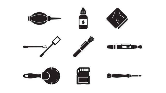 Photographer Toolkit Icons Set Featuring Camera, Lens, Tripod, Microphone, Paintbrush, and Ink Drop Symbol