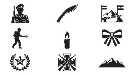 Obraz premium Military Icons Grid with Soldier, Sword, Flame Candle, Mountains, Wreath, and Bow Ribbon Graphic Set