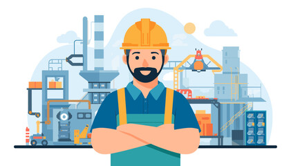 A confident male industrial worker in a hard hat and overalls stands with crossed arms in front of a busy factory and manufacturing plant. © aoka