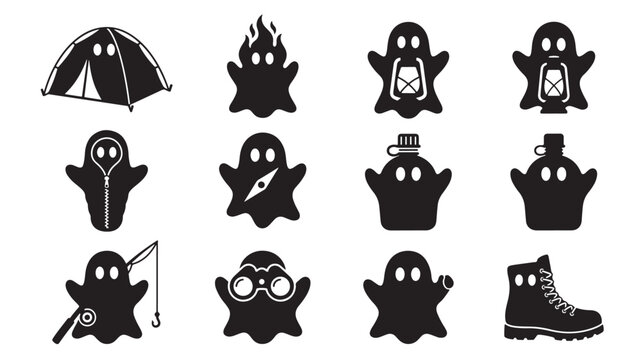Ghost Silhouette Bundle with Camping Icons, Including Tent, Lantern, Fire, Perfume Bottles, Diving Goggles, and Boots