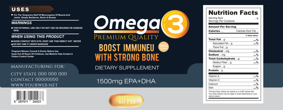 Omega 3 Fish Oil Product Label Template for Health Supplement