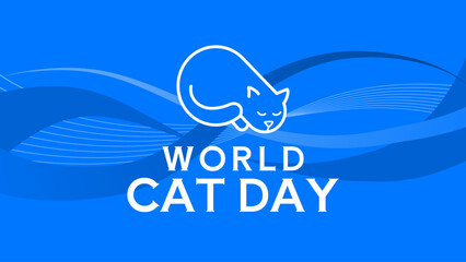 World cat day, sleeping line art kitten on blue background - banner, poster, vector illustration © KR Studio