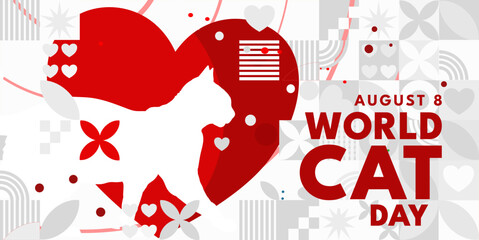 World cat day, cat silhouette with red heart - banner, poster, vector illustration © KR Studio