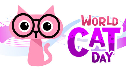 World cat day, pink kitten with glasses - banner, poster, vector illustration © KR Studio