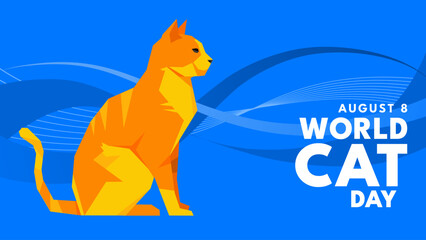 World cat day banner with orange cat on blue abstract background, vector illustration banner, poster, vector illustration © KR Studio